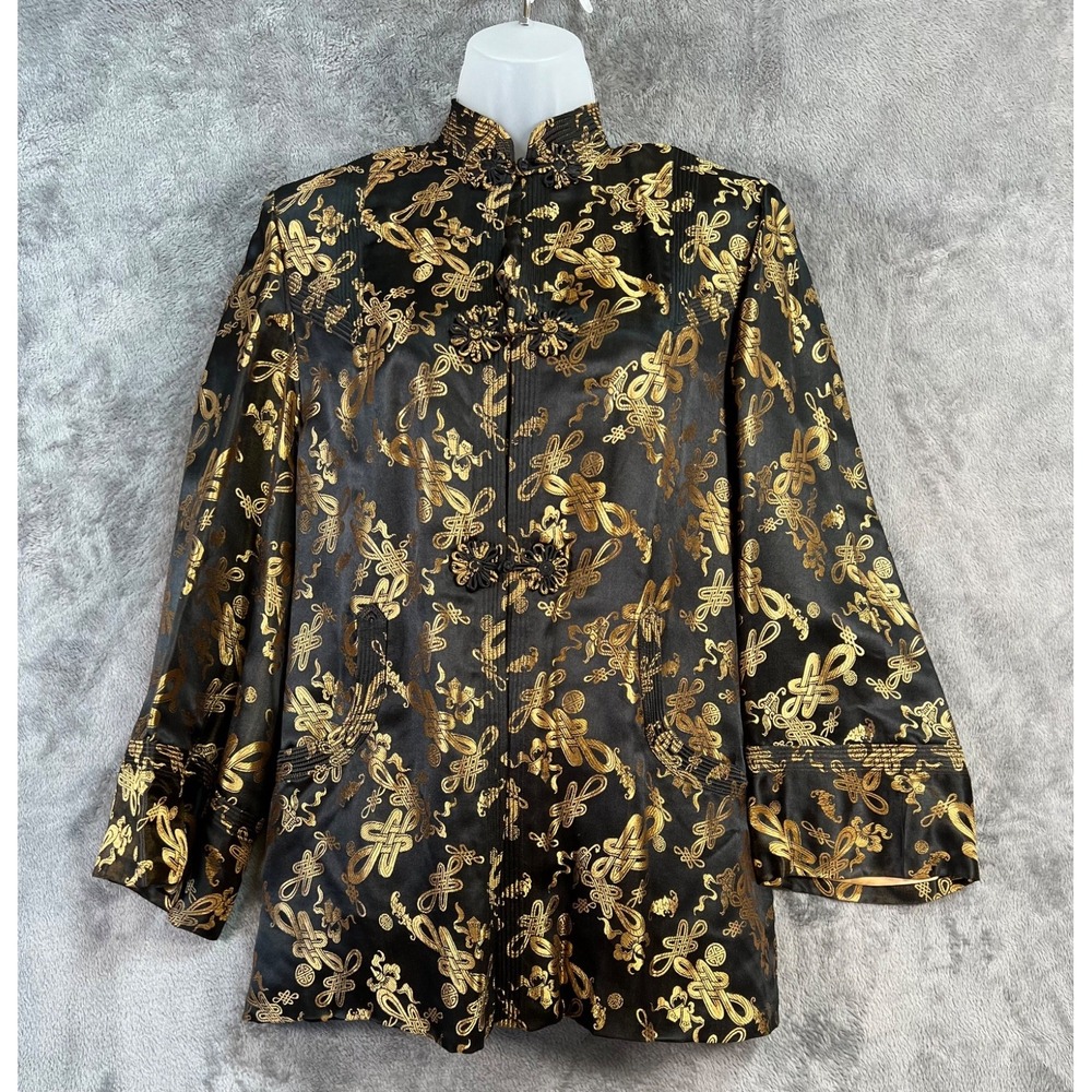 Dynasty Hong Kong Silk Jacket 16 20x28 Black Gold Mandarin Frog Closure Vtg 60s*